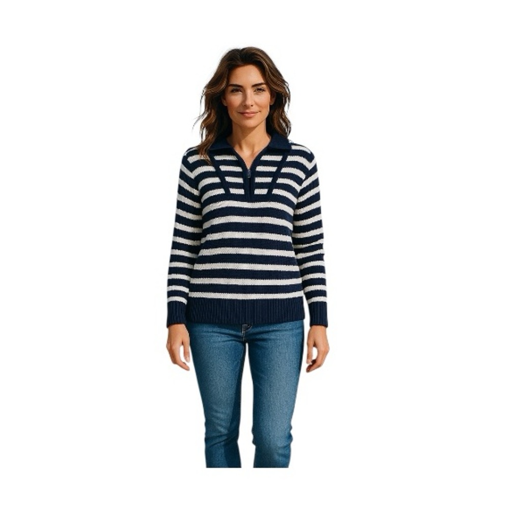 Time and Tru Half Zip Dark Navy and White Strip Sweater